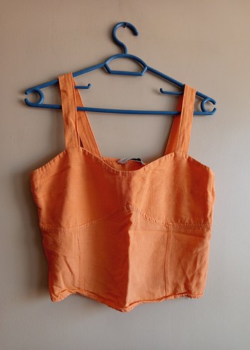 Turuncu Keten Askılı Crop Top