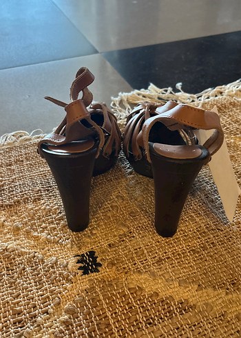 Kahverengi Deri Bohem Platform Topuklu Sandalet - Görsel 5