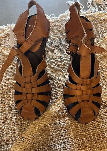 Kahverengi Deri Bohem Platform Topuklu Sandalet - Görsel 7