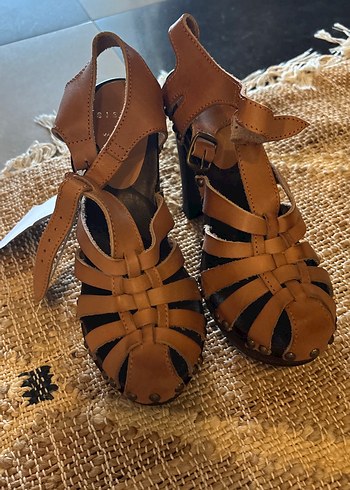 Kahverengi Deri Bohem Platform Topuklu Sandalet - Görsel 3