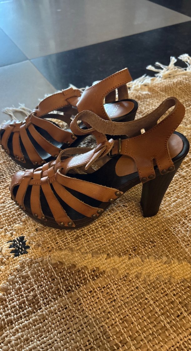 Kahverengi Deri Bohem Platform Topuklu Sandalet - Görsel 4