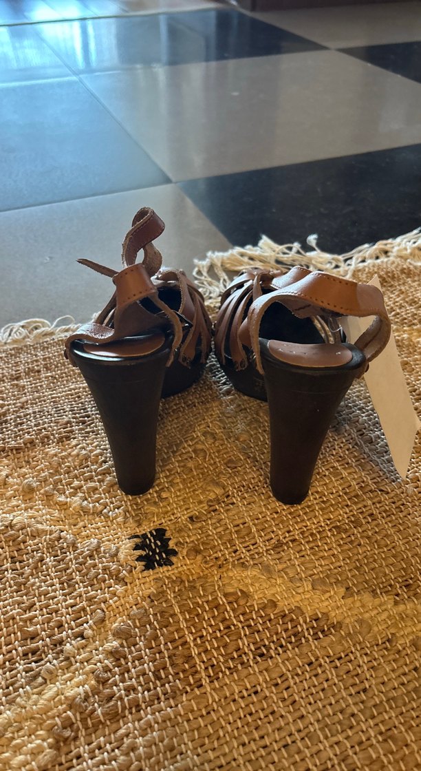 Kahverengi Deri Bohem Platform Topuklu Sandalet - Görsel 5