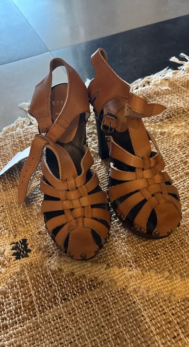 Kahverengi Deri Bohem Platform Topuklu Sandalet - Görsel 3