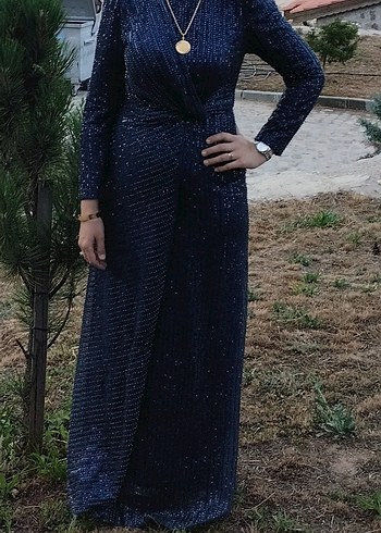 Mavi Drapeli Uzun Abiye Elbise V Yaka