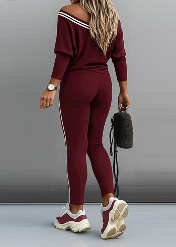 Bordo V Yaka Çizgili Kadın Eşofman Takımı - Görsel 3