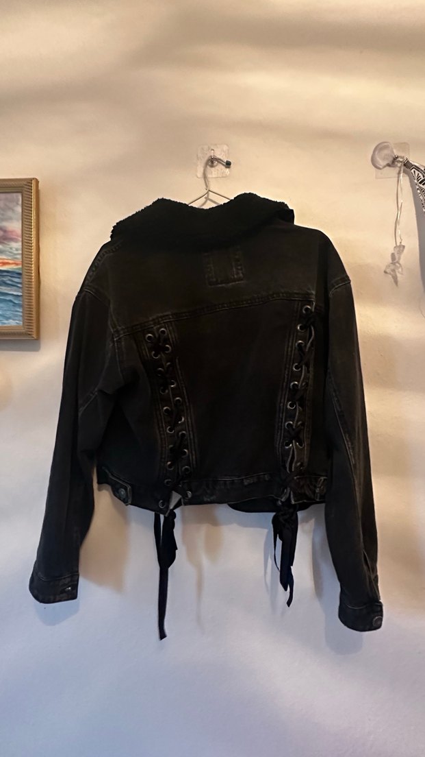 Kemerli Siyah Kadın Denim Ceket - Görsel 2