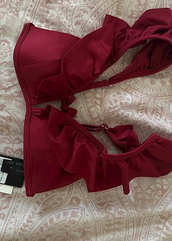 Bordo Fırfırlı Strappy Bikini Üstü