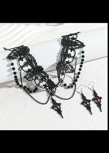 Beden siyah Renk Dantel Detaylı Bayan Gotik Kolye Seti