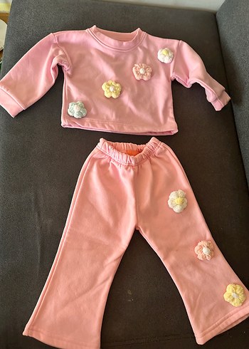 Pembe Çiçekli Bebek Kız Takımı Uzun Kollu