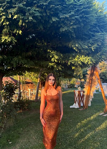 Parlak Kahverengi payetli midi boy Elbise