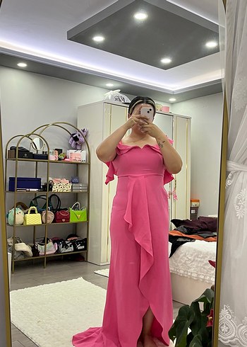 38 Beden pembe Renk Pembe Drapeli Uzun Straplez Kadın Elbise