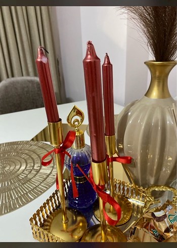 Parlak Bordo Mum Seti Altın Standlı