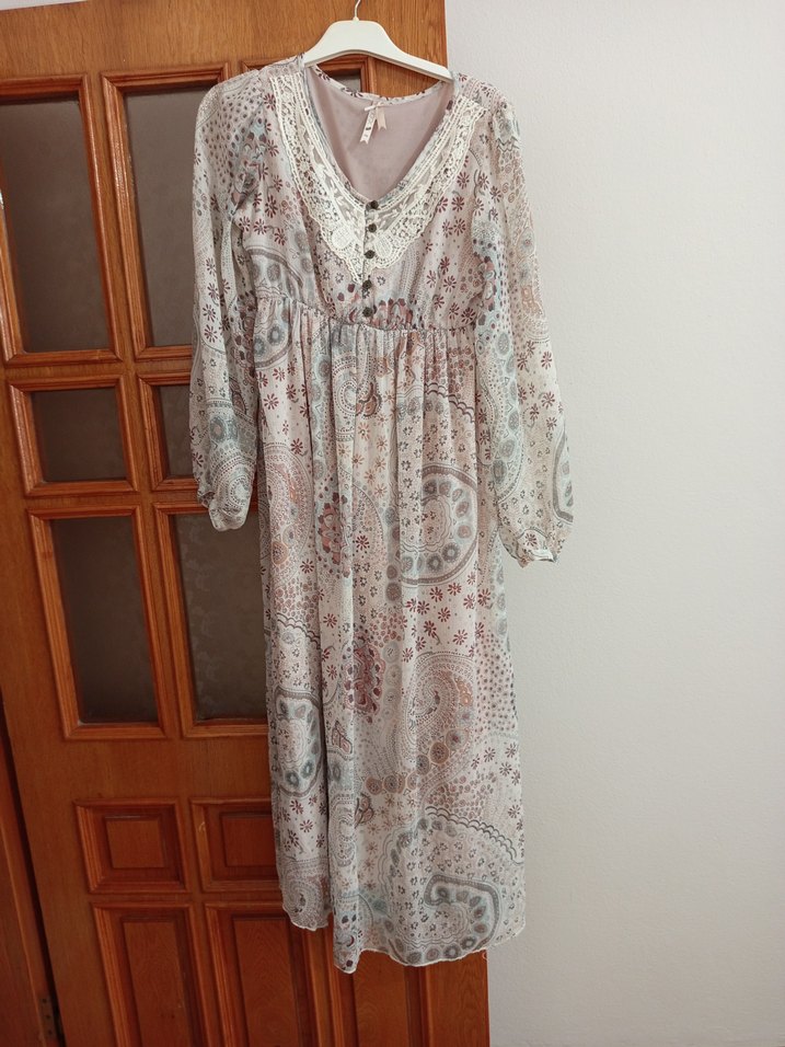 Bej Dantel Detaylı Bohem Uzun Elbise - Görsel 3