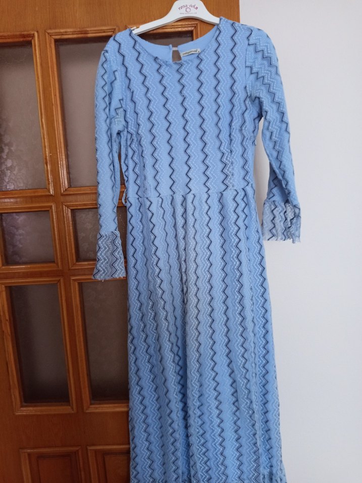 Mavi Nakışlı Uzun Bohem Elbise - Görsel 3