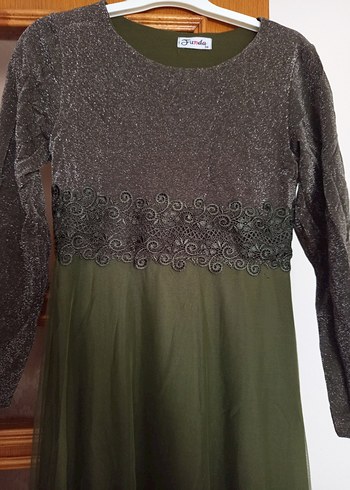 Uzun Kollu Haki Kadın Abiye Elbise - Görsel 3