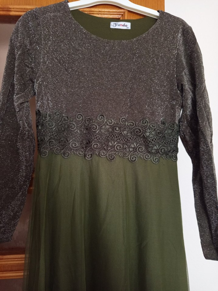 Uzun Kollu Haki Kadın Abiye Elbise - Görsel 3