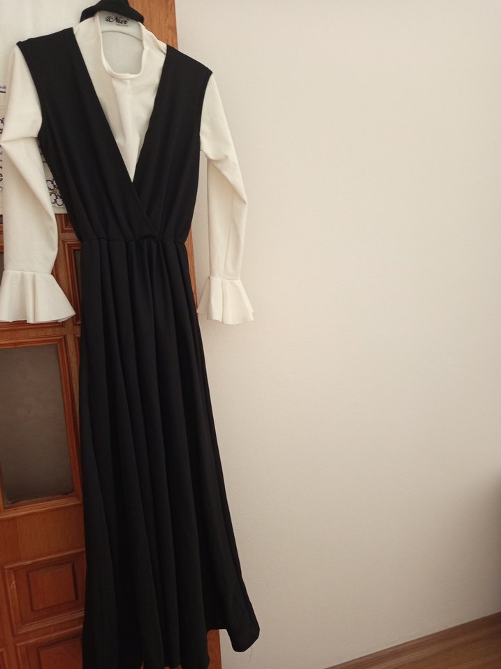 Uzun Siyah Drapeli Kadın Elbise gömlek dahil - Görsel 2