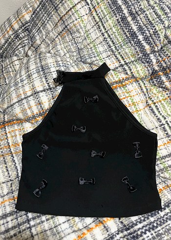 kurdeleli Siyah Mini Halter Yaka Kadın üst
