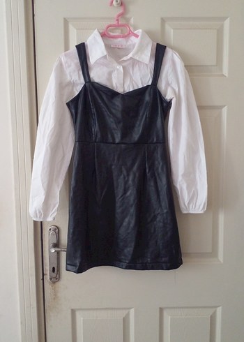 Kendinden gömlekli deri mini elbise - Görsel 2