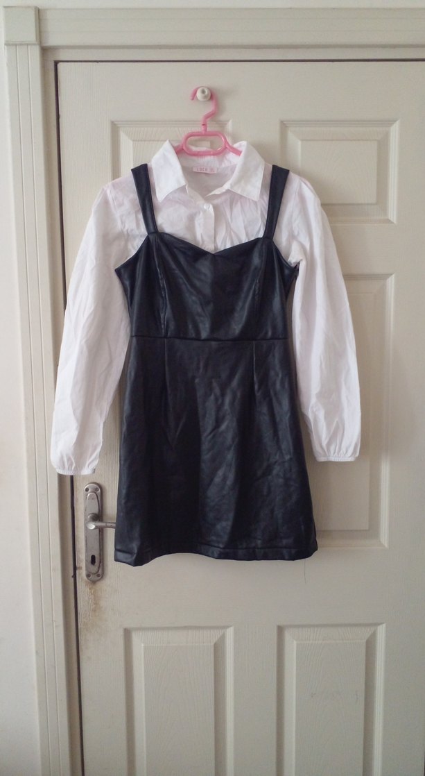 Kendinden gömlekli deri mini elbise - Görsel 2