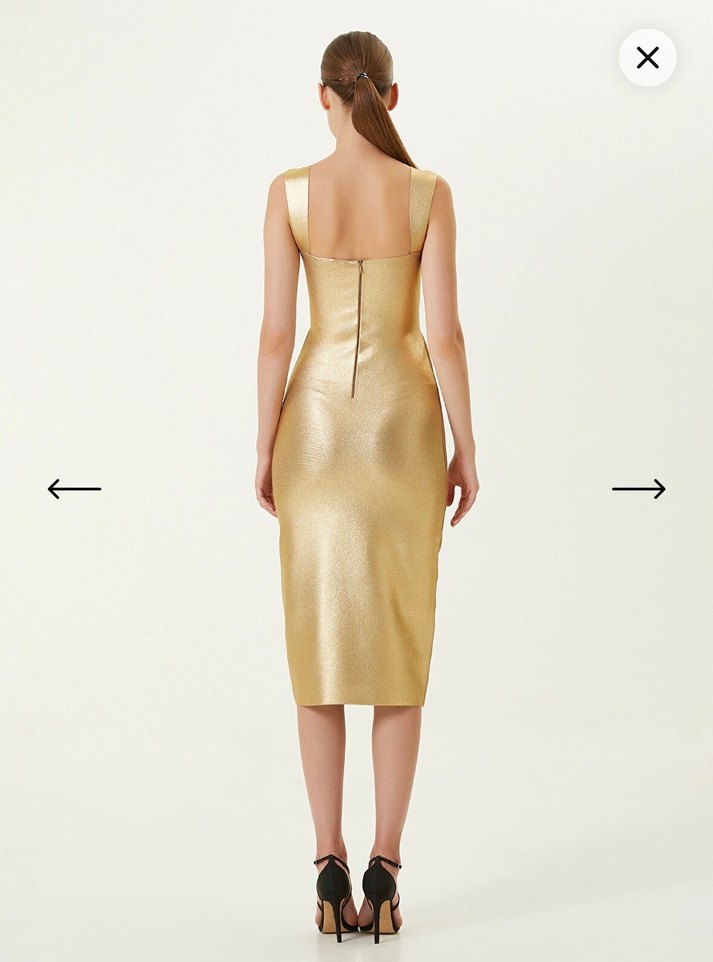Network Altın Renkli İnce Askılı Abiye Elbise - Görsel 3