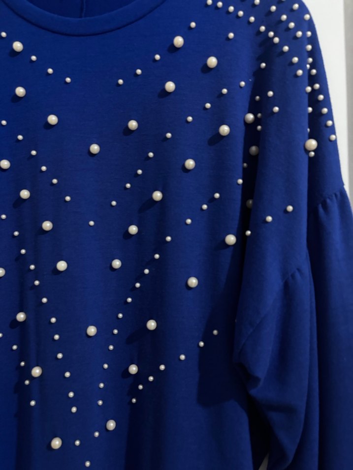 Stradivarius boncuk Detaylı Mavi Kadın Triko kazak - Görsel 5