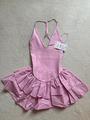 Zara Pembe kontrast halter yaka elbise