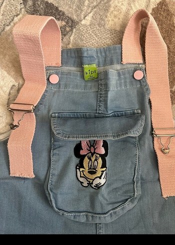 Pink Hippo Kids Minnie Mouse Nakışlı Mavi Denim Salopet - Görsel 2
