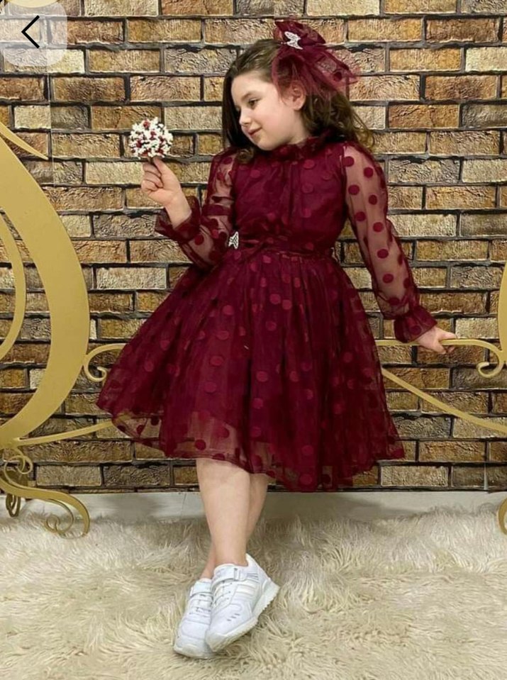 Bordo Puantiyeli Dantelli Uzun Kollu Çocuk Elbisesi - Görsel 2