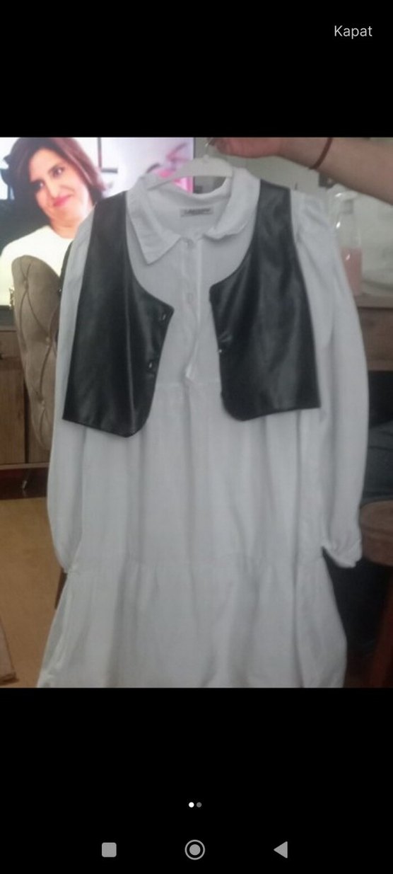 Beyaz Volanlı Mini Deri Detaylı Elbise - Görsel 2