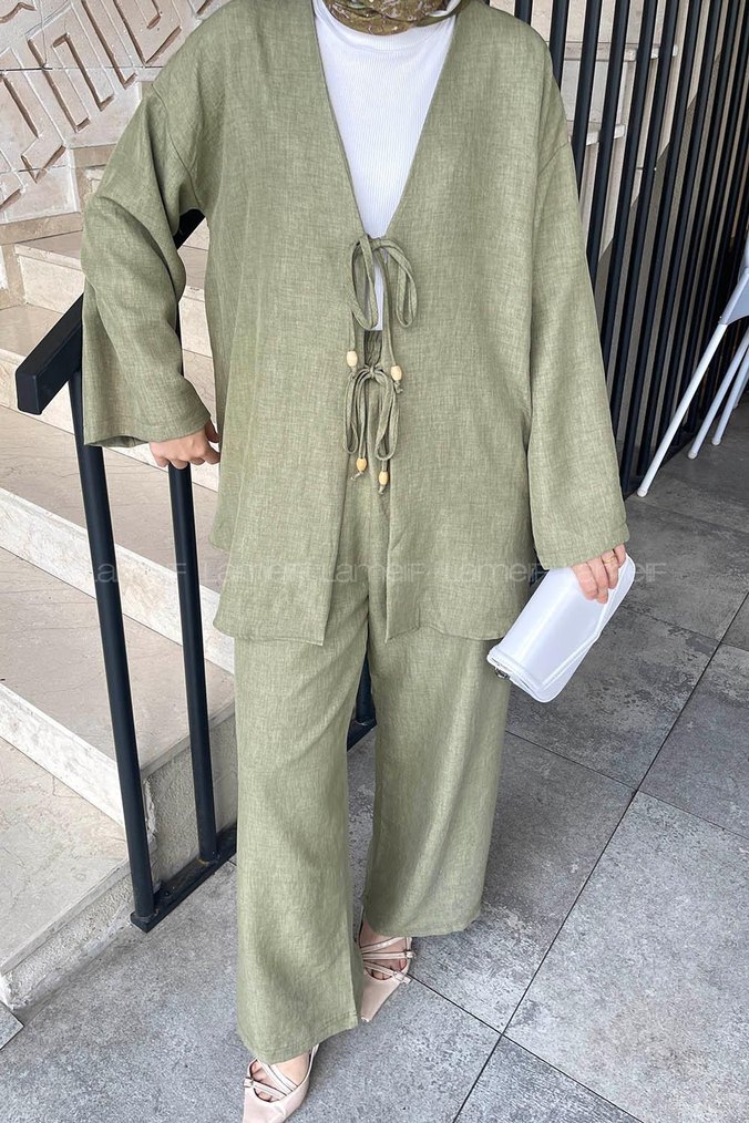 Kemerli Uzun Haki Keten kimono ön bağlamalı Takım - Görsel 2