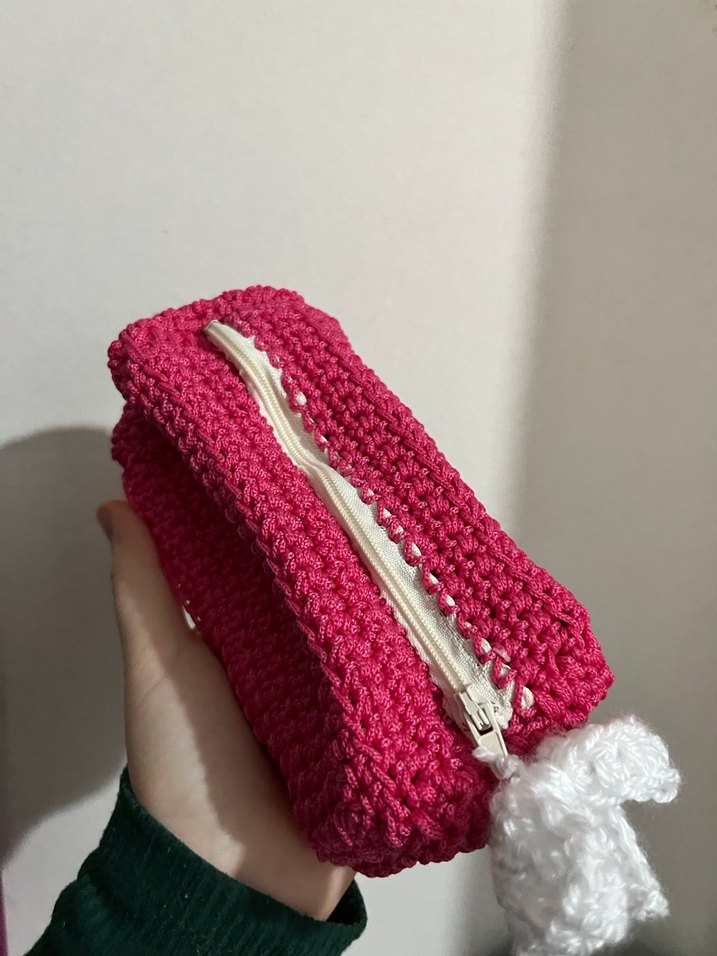 Pembe Örgü  makyaj çantası - Görsel 2