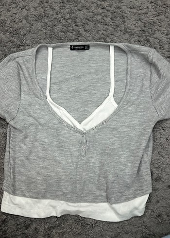 Gri V Yaka Kısa Kollu Crop Top