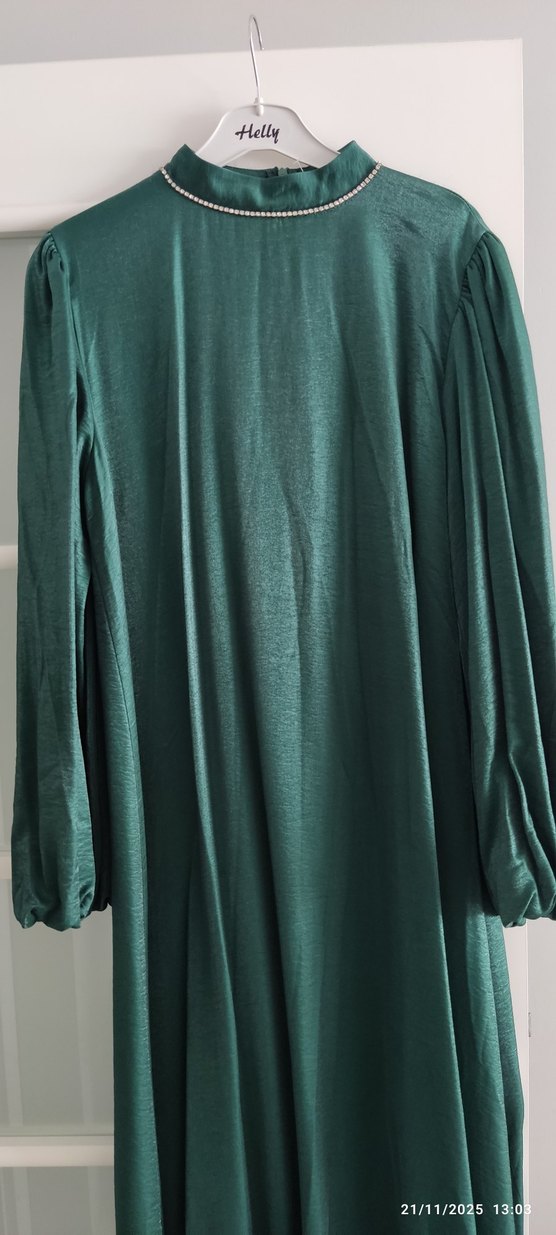 Parlak Yeşil Uzun Keten Elbise - Görsel 4