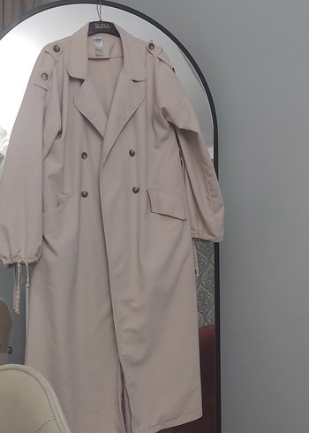 Bej Uzun Kadın Trençkot Düğmeli - Görsel 4