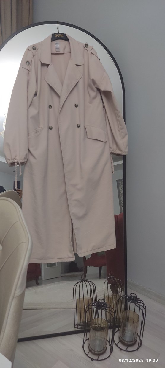 Bej Uzun Kadın Trençkot Düğmeli - Görsel 3