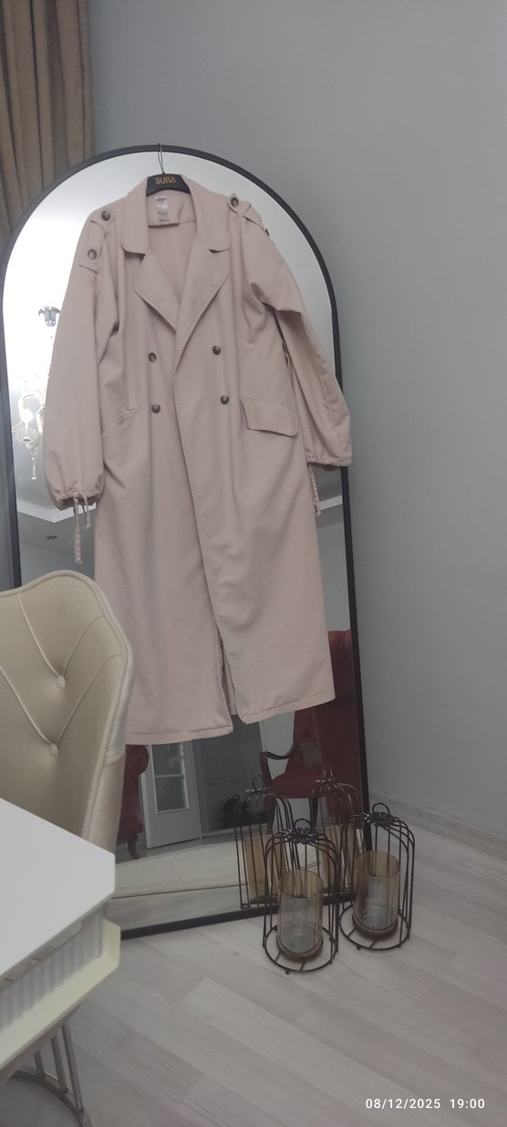 Bej Uzun Kadın Trençkot Düğmeli - Görsel 2