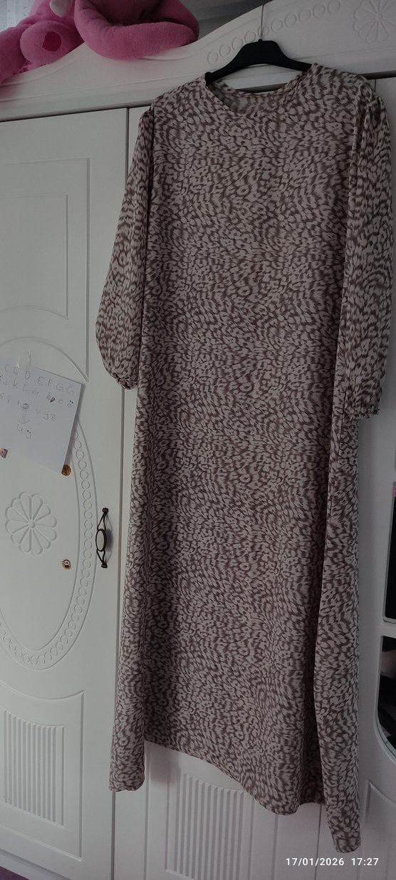 Bej Yılan Desenli Uzun Salaş Elbise - Görsel 2