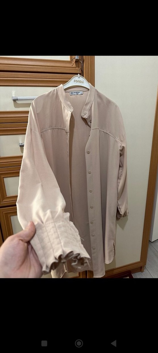 Bej Uzun Kollu Düğmeli Salaş Gömlek - Görsel 2