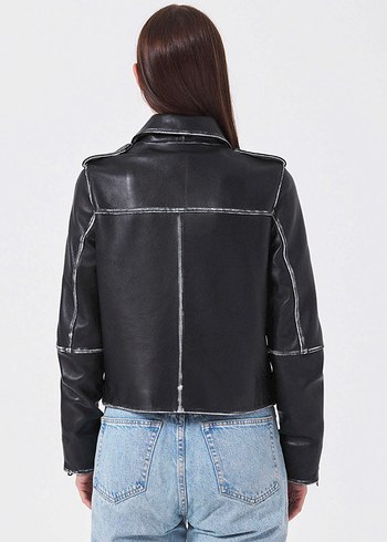 Tergan Kuzu Derisi Siyah Kadın Deri Ceket - Görsel 4