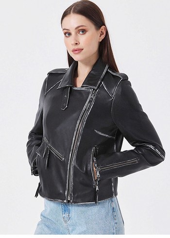 Tergan Kuzu Derisi Siyah Kadın Deri Ceket - Görsel 2