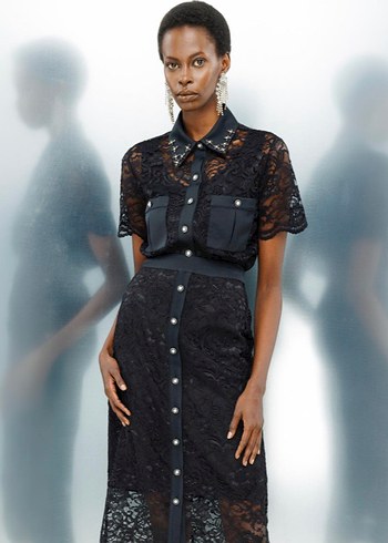 Modailgi Yakası Boncuk İşlemeli Yarım Kol Dantel Gömlek Siyah - Görsel 2