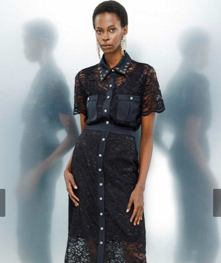 Modailgi Yakası Boncuk İşlemeli Yarım Kol Dantel Gömlek Siyah - Görsel 2