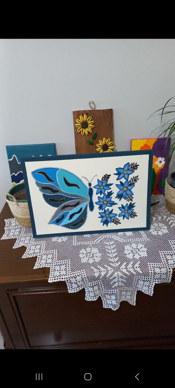 Mavi Kelebek ve Çiçekler Tablo - Görsel 2