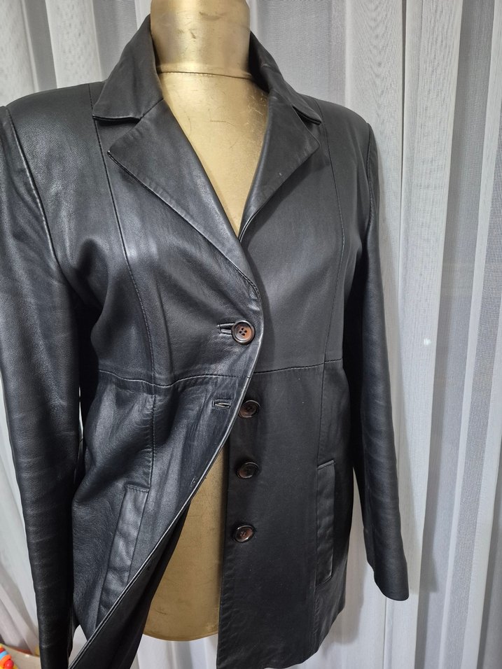 Düğmeli Siyah Deri Kadın Ceket - Görsel 2