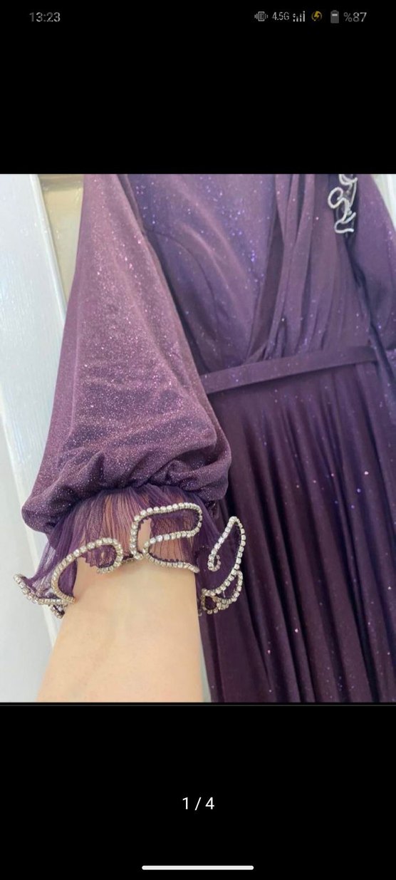 Uzun Kollu Mürdüm Drapeli Abiye Elbise - Görsel 2