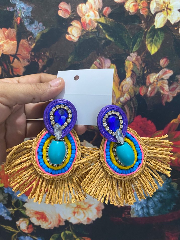 Renkli Nakışlı Püsküllü Bohem Küpe - Görsel 5