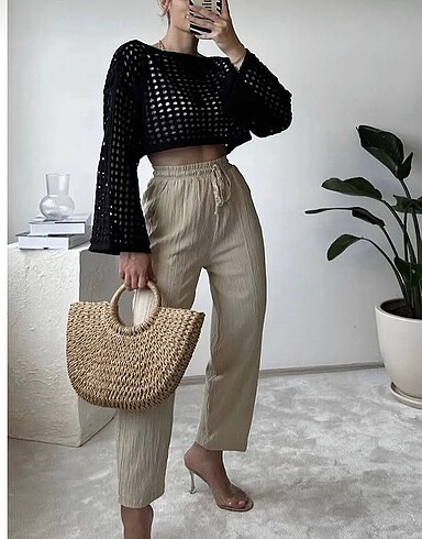 m Beden file triko crop bluz