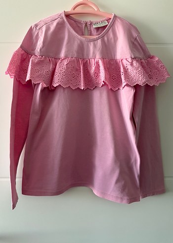 Kız Çocuk Pembe Fırfırlı Uzun Kollu Bluz