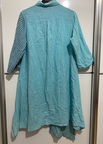 Mavi Çizgili Uzun Keten Kadın Gömlek - Görsel 2